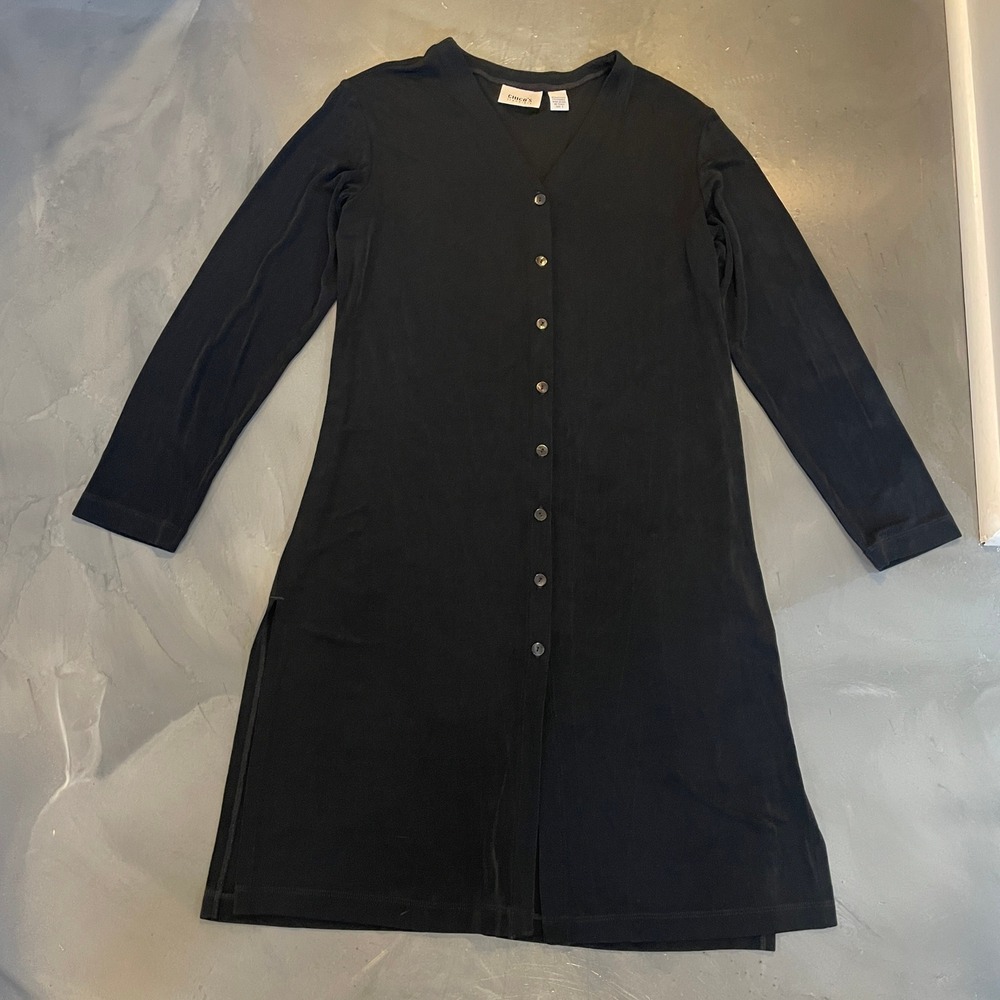 Chicos Travelers Black Button Front Long Sleeve Tunic Cardigan Size 1 M Slinky